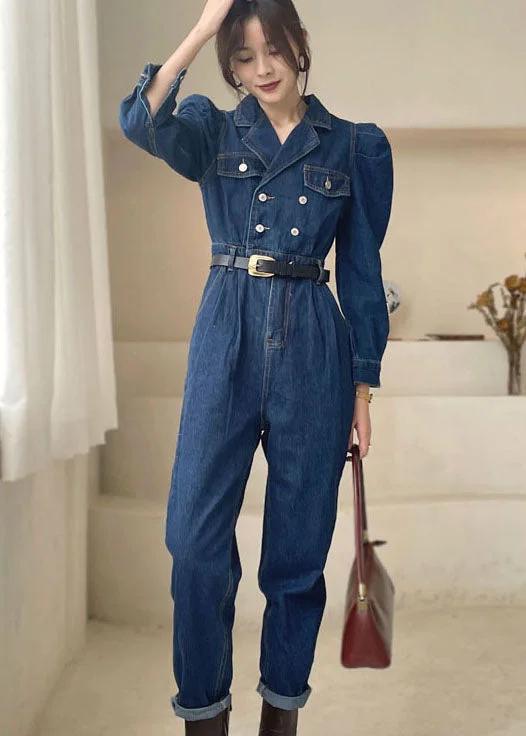 Elegant Dark Blue Puff Sleeve denim Jumpsuit Spring Best Sellers