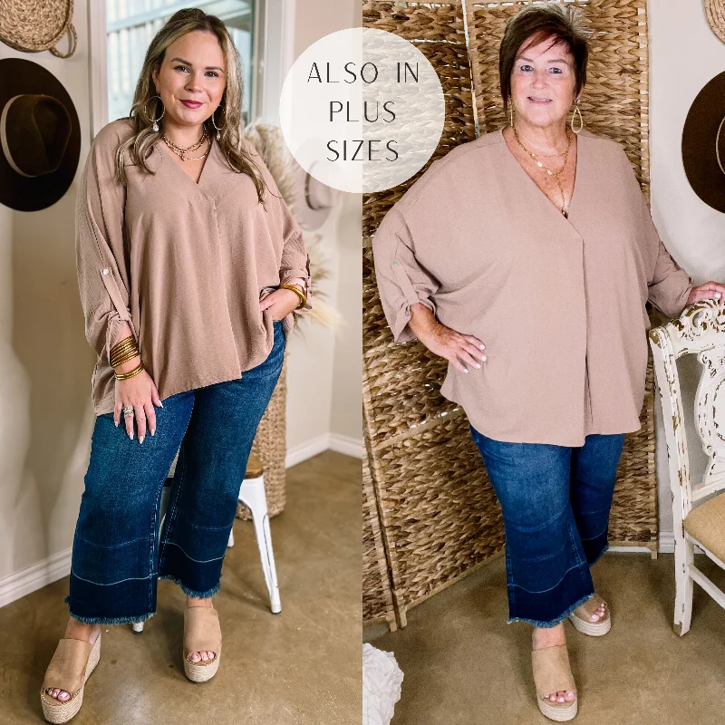 Weekend Out V Neck Placket 3/4 Sleeve Top in Taupe Odd Size Clearance Sale