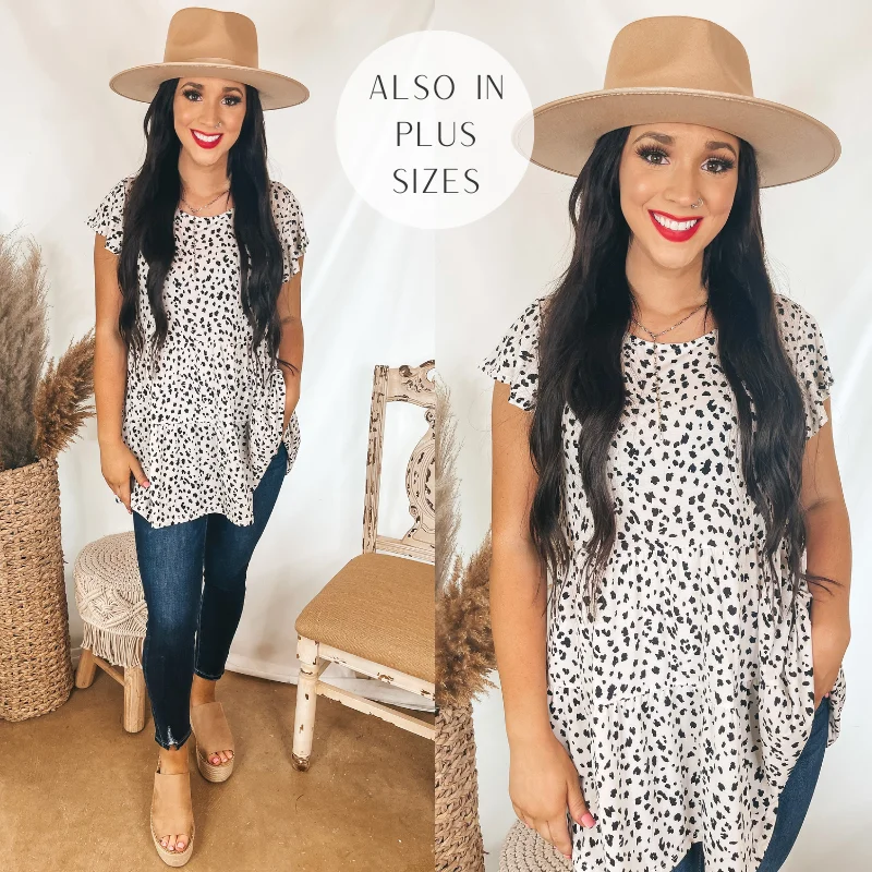 Last Chance Size Small | Treat it Right Three Tiered Dotted Leopard Print Babydoll Top with Ruffle Cap Sleeves in White Comfort First Women's Fashion