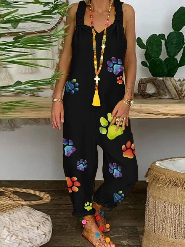 Romantic Cute Casual Loose Cat Paw Print Jumpsuit Discounts On Casual Weekend Styles