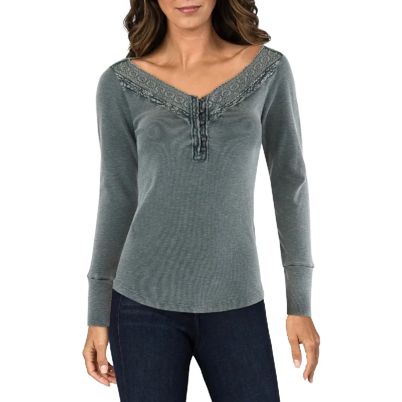 Womens Eyelet Heathered Henley Modern Romance