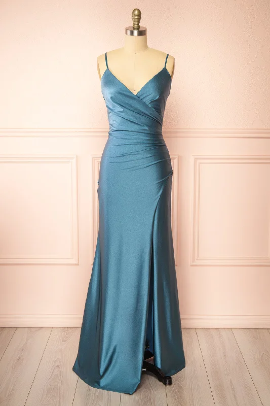 Nyra Blue Grey | Mermaid Dress w/ Wrapped Bodice Save On Classic Elegant Styles