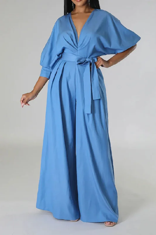 Solid Color Elegant Belted Wide Leg Jumpsuit Durable Fashion Picks