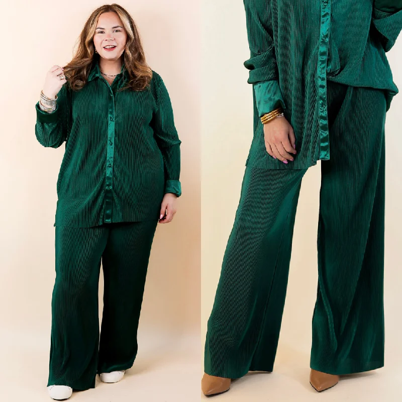 Dazzling Satin Plissé Ribbed Pants in Green Cottagecore Rustic Charm Style