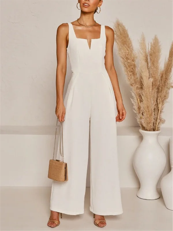 Simple Solid Color V-Neck Jumpsuits Exclusive Sale