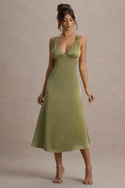 Beck | Light Green Satin Plunge-Neck Cross-Back Midi Dress Comfort First Women's Fashion