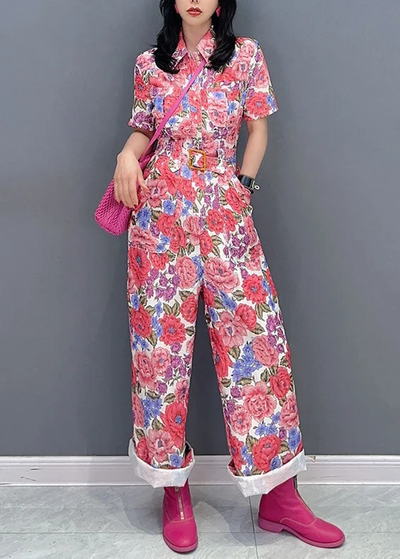 Fitted Red Peter Pan Collar Print Sashes Patchwork Cotton Jumpsuit Summer Ride The Style Wave