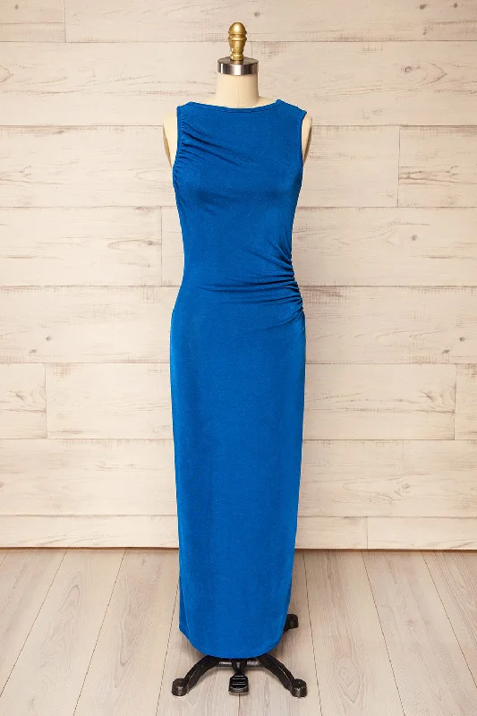 Belleville | Sleeveless Blue Ruched Maxi Dress Shop Our Looks