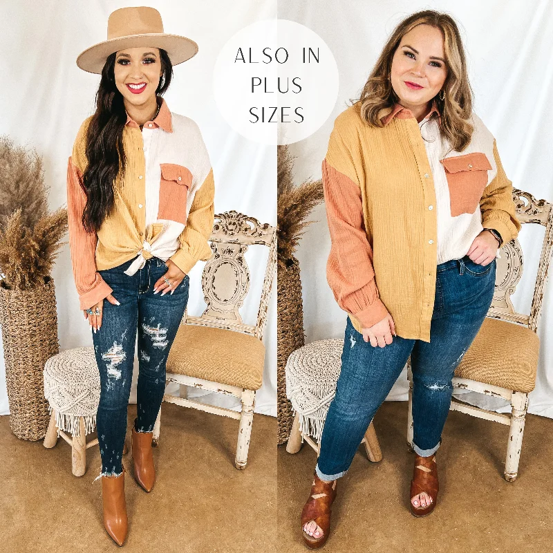 Highly Requested Button Up Color Block Top in Mustard and Clay Orange Trendy Styles