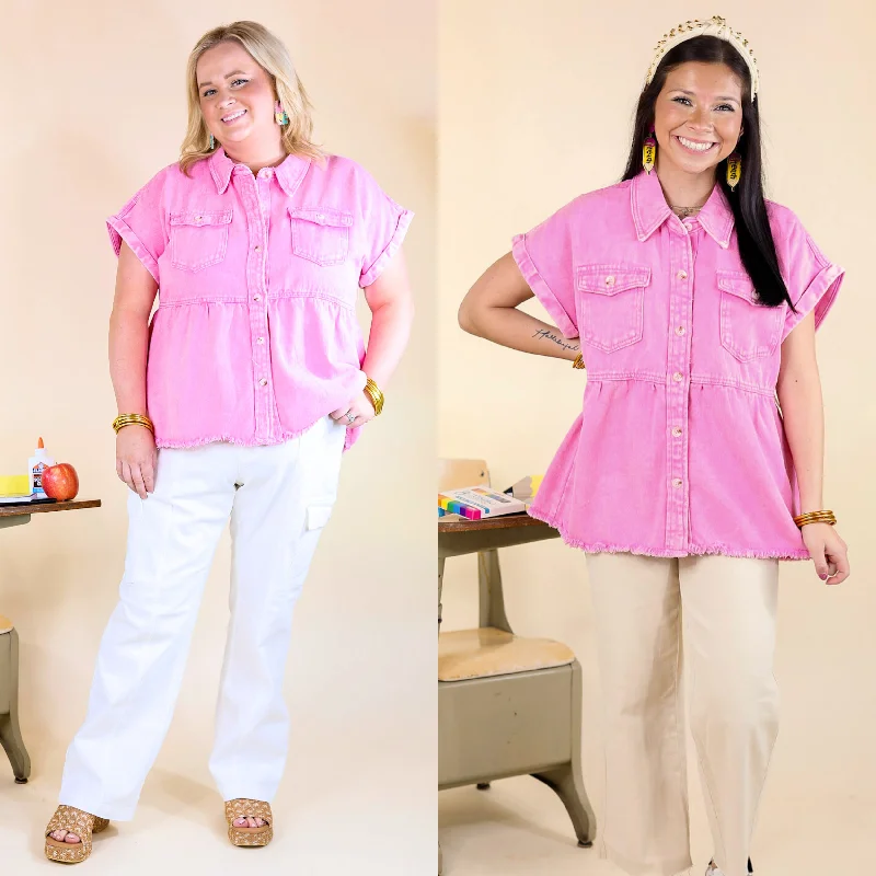 Stay Beautiful Button Up Denim Top in Pink Chic Outfits