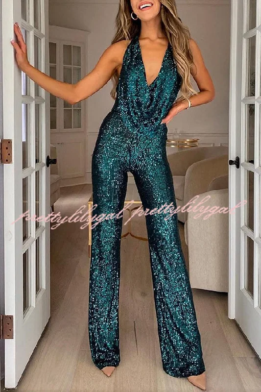 Shimmering Halter Style Drape Neck Wide Leg Jumpsuit Clearance Sale, All Cheap