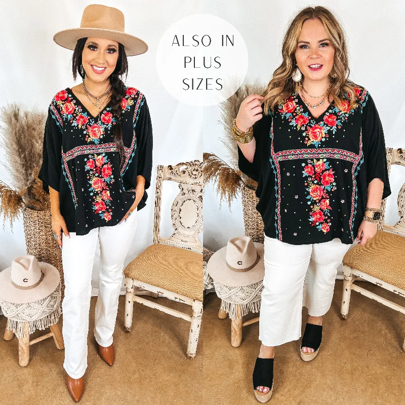 More To The Story Floral Embroidered Poncho Top in Black Valentine's Special