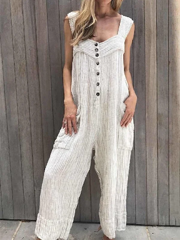 Casual White Striped Button Vintage One-Pieces Jumpsuit Valentine's Special