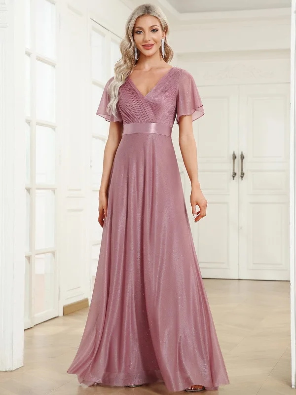 Sparkling Short Sleeve V-Neck Ribbon Waist A-Line Bridesmaid Dress Trendy Pulse