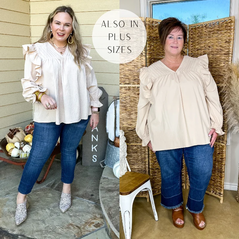 Last Chance Size Small | Coffee Perks Ruffle Detail Long Sleeve Top in Ivory Trendy Street Style Attire