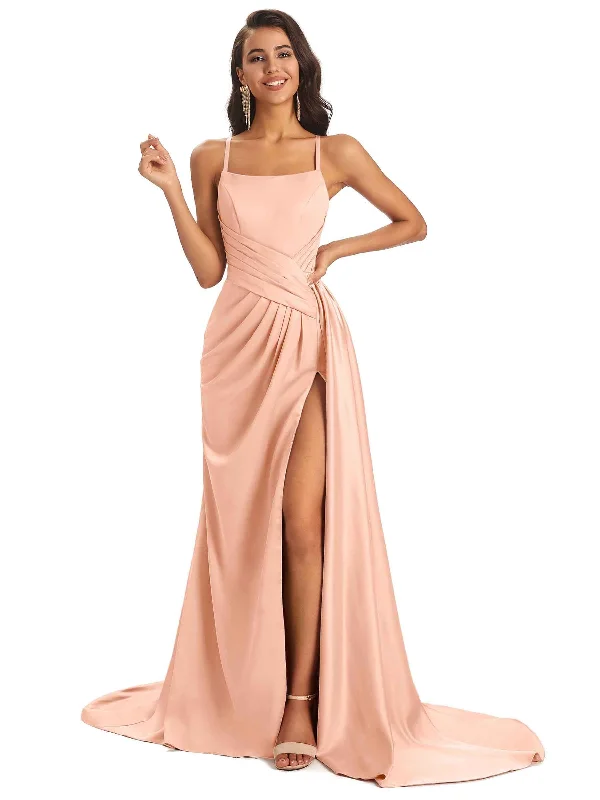 Sexy Soft Satin Side Slit Spaghetti Straps Unique Long Wedding Guest Dresses Browse Our Top Products