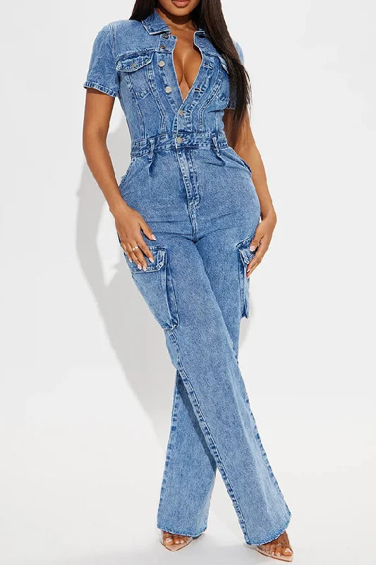 Blue Washed Denim Boyish Multi Pocket Jumpsuit Casual Yet Stylish Separates