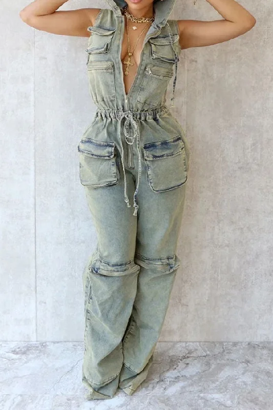 Washed Denim Hooded Cool Multi Pocket Drawstring Jumpsuit Trend Forward Women's Wear