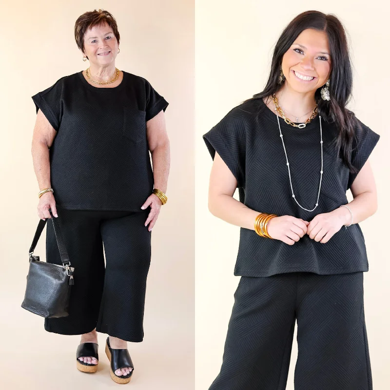 Glamour on the Go Textured Top with Pocket in Black Essentials On Sale