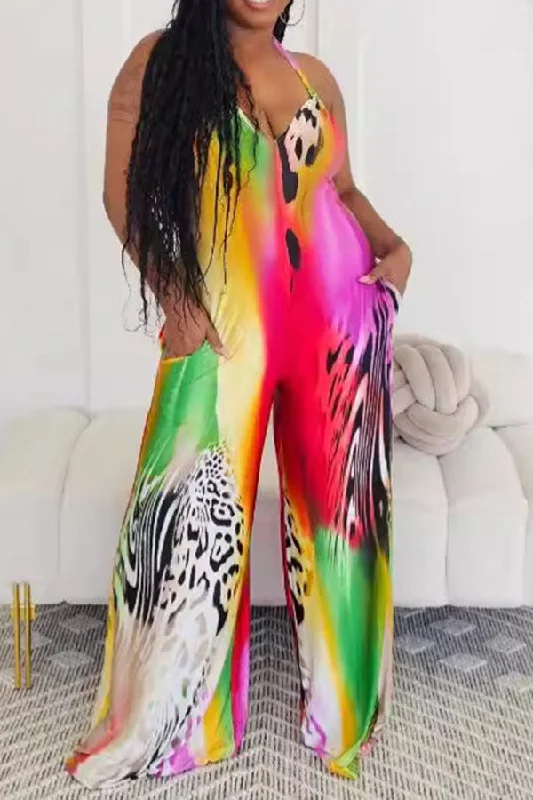 Gradient & Leopard Mixed Print Wild Halter Collar Jumpsuit Style Upgrade