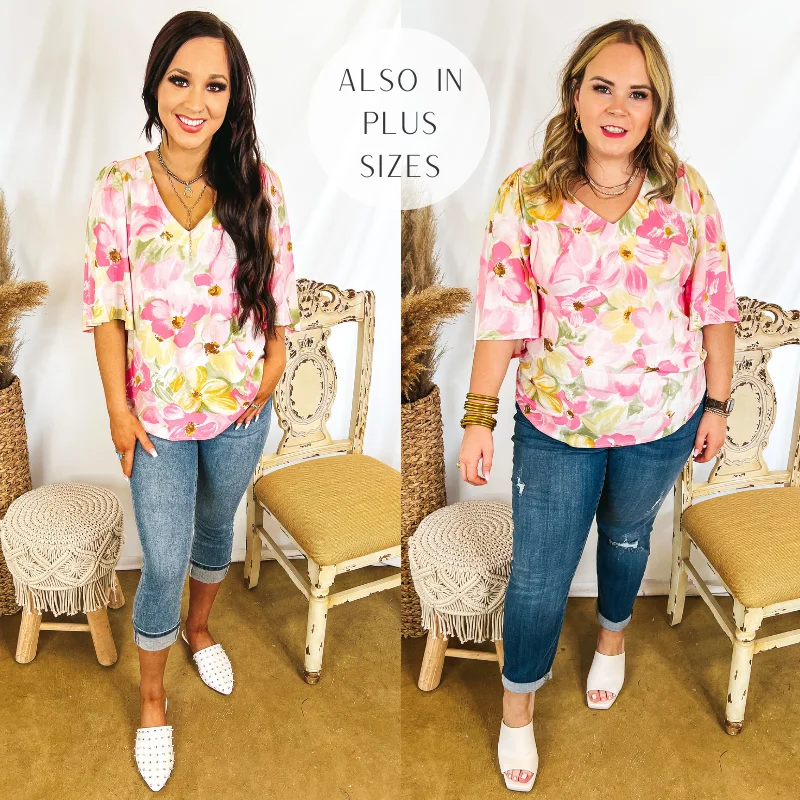 Last Chance Size Small & Medium | Suite Life Floral V Neck Top in Pink and Yellow Fashion Deal