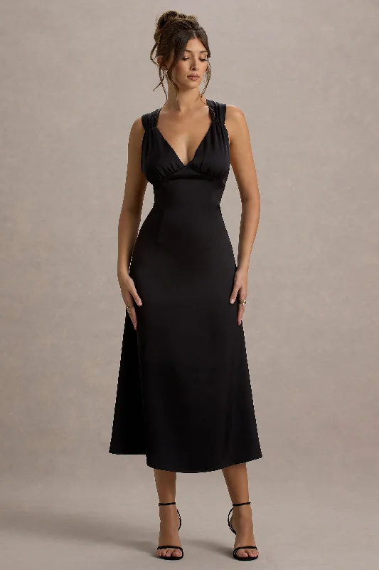 Beck | Black Satin Plunge-Neck Cross-Back Midi Dress End Of Season Clearance