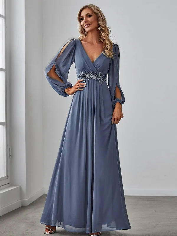 Iris | Elegant Chiffon V-Neckline Long Sleeve Wedding Guest Dress Casual Chic