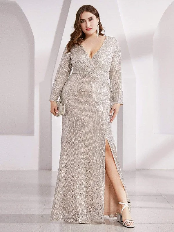 Lois | Plus Size Sexy Deep V-Neck Sequin Bodice Formal Evening Gowns Great Deals On Ethnic Cultural Wear