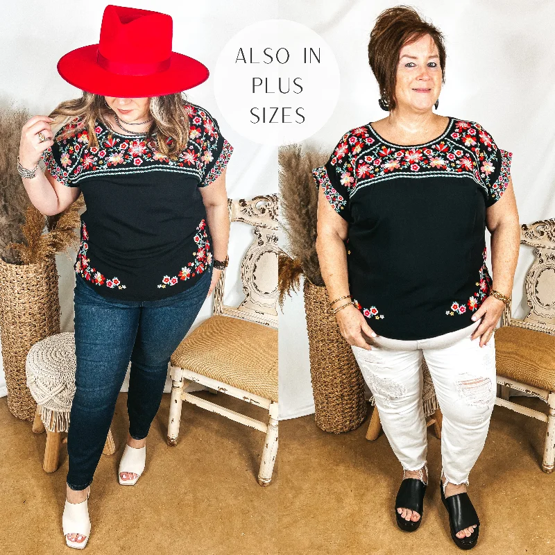 Sunny Sweetheart Floral Embroidered Cap Sleeve Top in Black Casual Chic