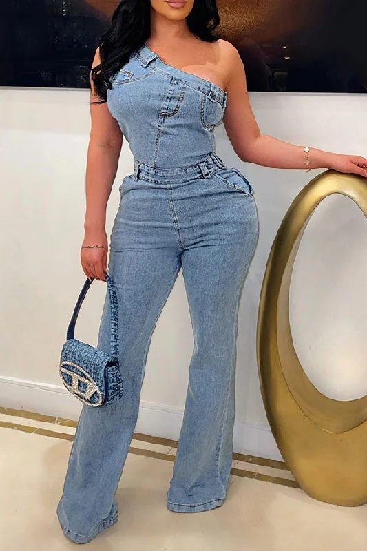 Solid Color Denim One Shoulder Chic Bell Bottoms Jumpsuit Redefining Women's Style