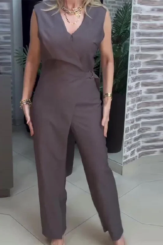 Solid Color Chic Crossover Layered Irregular Jumpsuit Elegant Ensemble