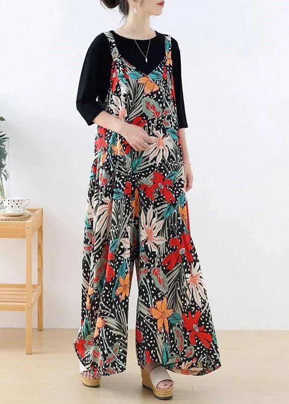 Simple Red Floral Pockets Wide Leg Fall Romper Spring Fashion