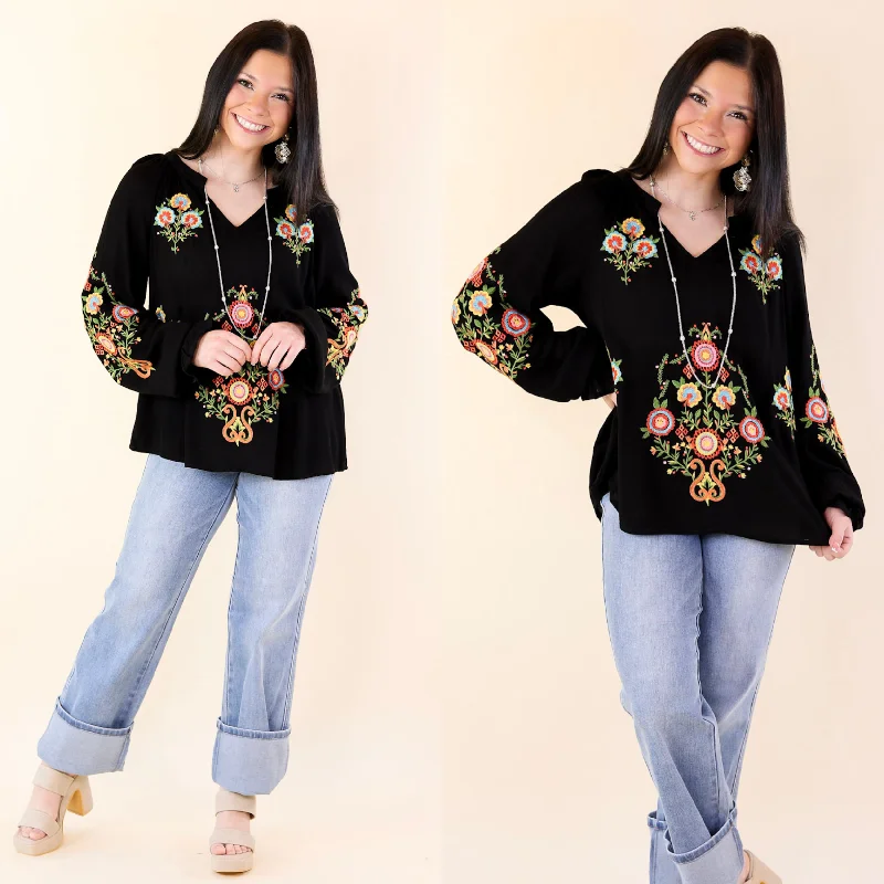 Dreamy Destination Floral Embroidered Long Sleeve Top in Black Weekend Special