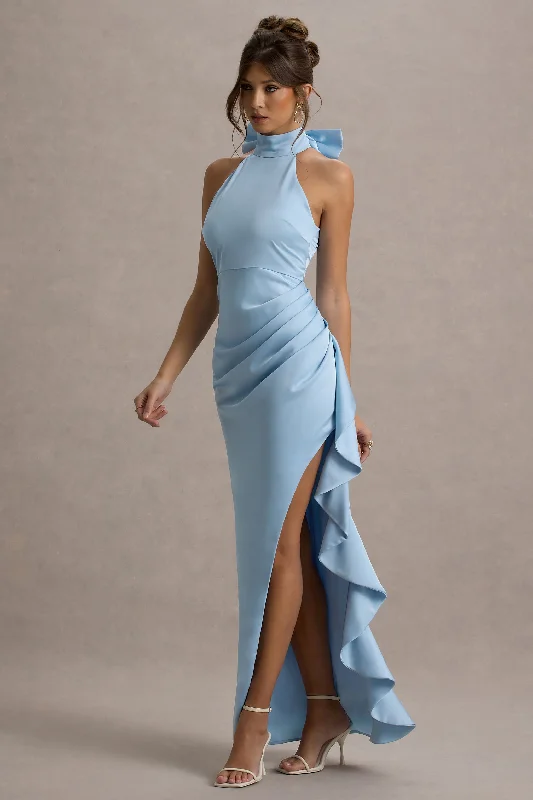 Maureen | Powder Blue Satin High-Neck Draped Maxi Dress Unleash Your Trendy Side