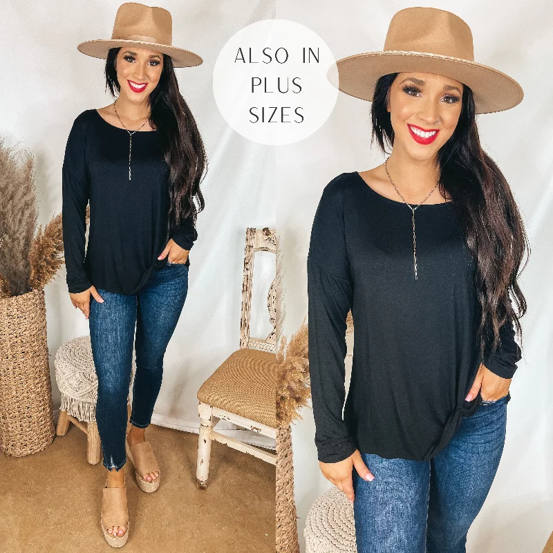 Iced Coffee Crush Long Sleeve Top with Front Knot in Black Timeless Elegance Redefined