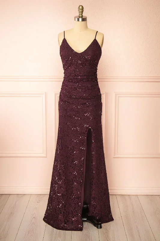 Samy Burgundy | Sparkly Lace Mermaid Dress w/ Slit Quality Wear