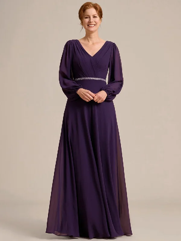 Clara | V-Neck Long Sleeves Shiny Belt Chiffon Mother of the Bride Dress Buy More, Save More