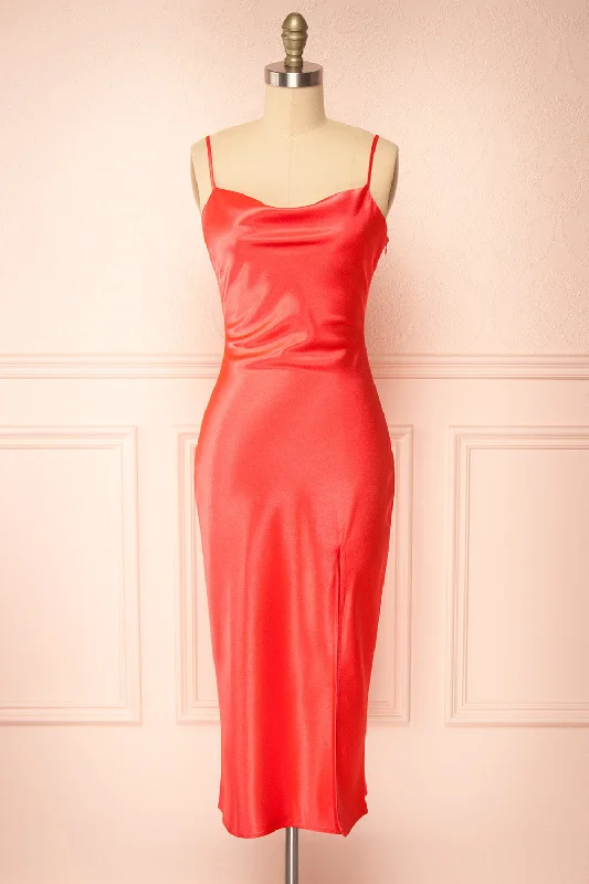 Jordy | Coral-Red Satin Midi Dress w/ Slit Vintage Inspired Fashion Sale