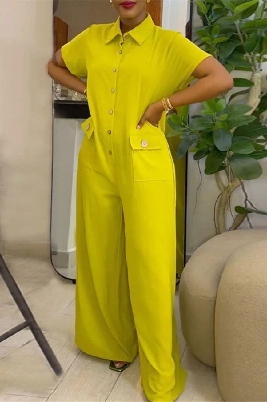 Solid Color Relaxed Button Wide Leg Jumpsuit Exclusive Discount