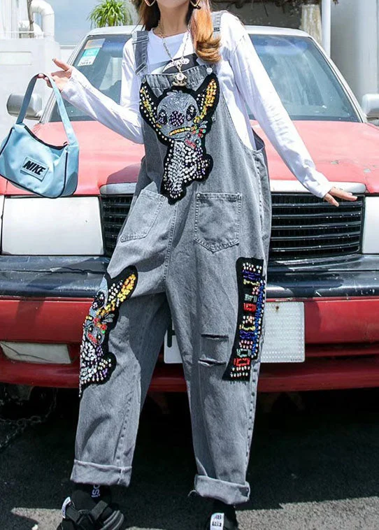 Unique Dark Grey Nail Bead Cartoon Sequins Patchwork Denim Wide Leg Jumpsuit Spring Big Savings