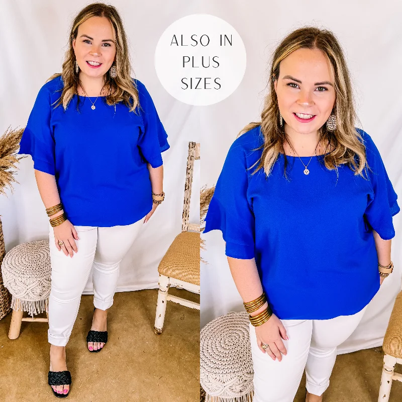 Last Chance Size Small | Basic Needs Ruffle Sleeve Top in Royal Blue Cutting Edge Fashion