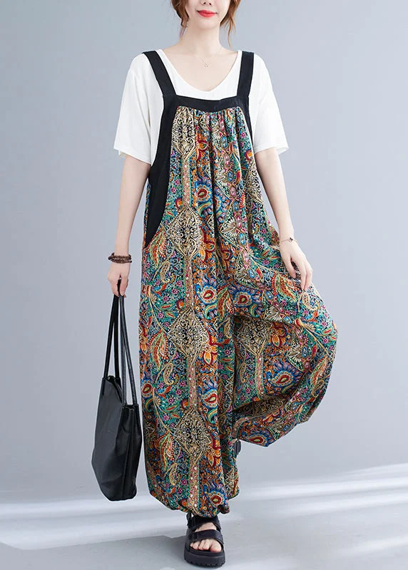 Fashion Green Oversized Print Pockets Spandex Jumpsuit Summer Chic Style, Always In Vogue