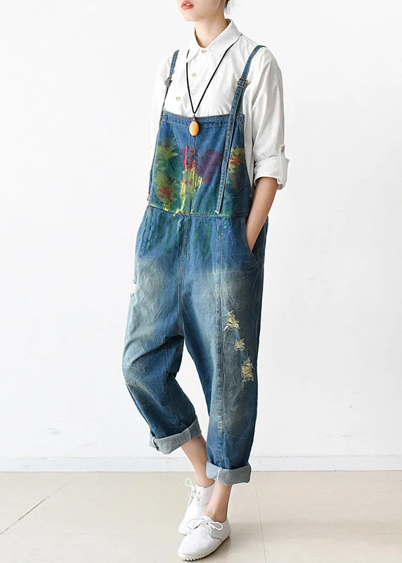 Art Blue Graffiti Denim Strap Jumpsuit Ripped Jeans Fall Seize Bargains