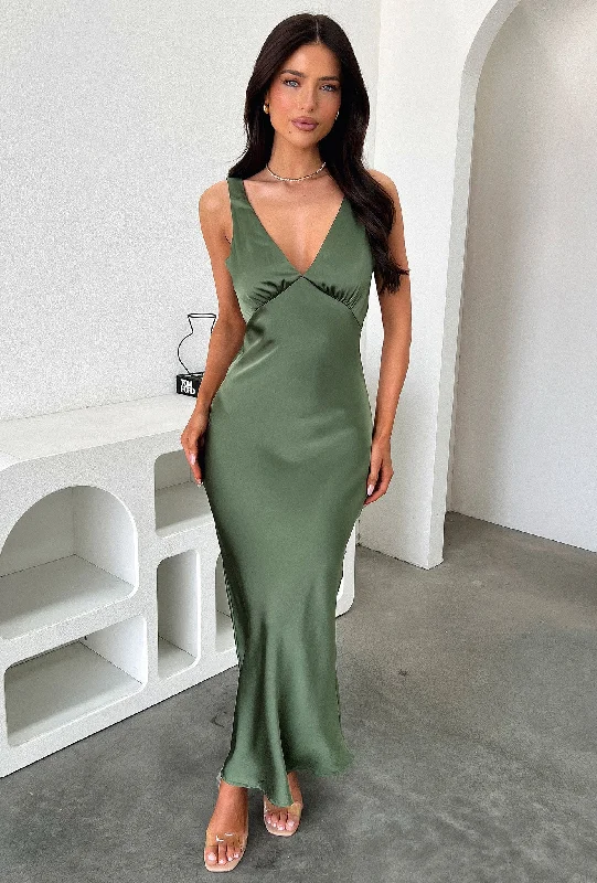 Delayne V-Neck Satin Midi Dress - Olive Low Price Special