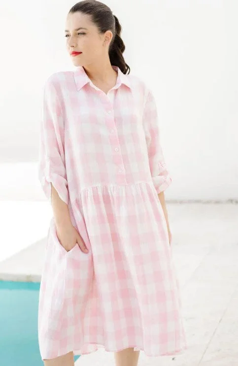 Halle Linen Gingham Dress - Pale Pink Catch Every Fashion Trend