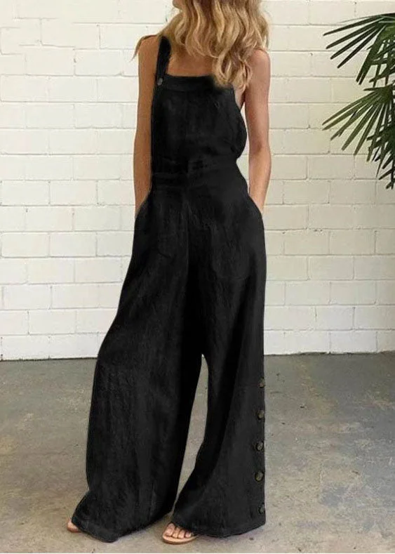 Black Wide Leg Side Button Jumpsuit Linen Colorful Clothing