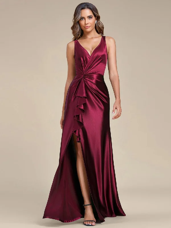 Deep V-Neck Stylish Waist Pleated High Slit Satin Evening Dress Trendy Women's Collection