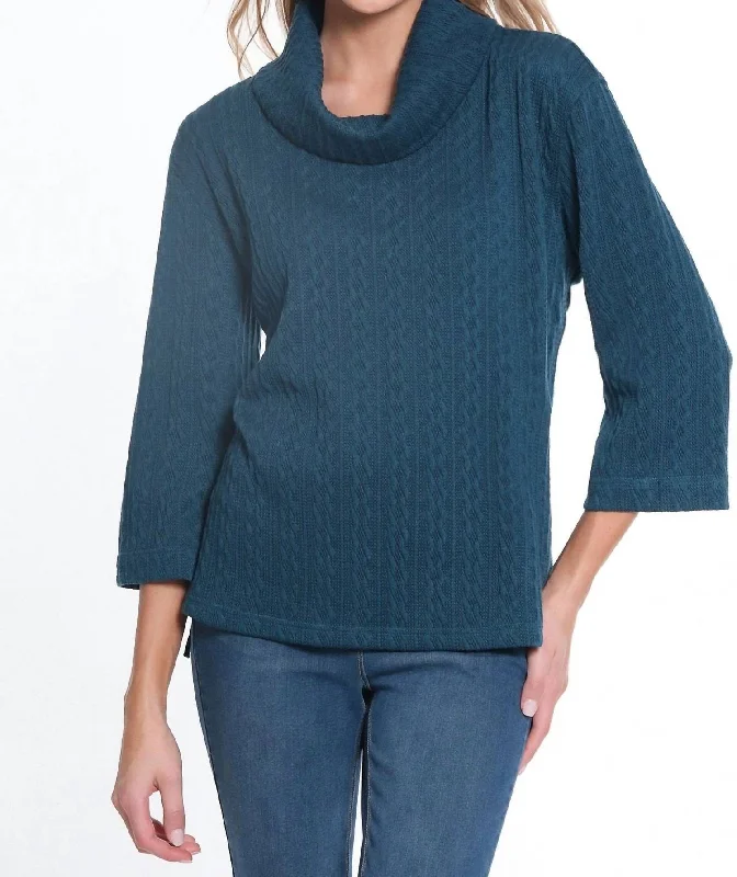 Hi-Lo Cowl Collar Cable Knit Top In Rich Teal Essentials On Sale