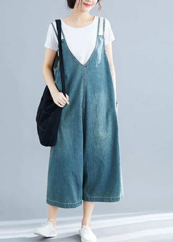 Loose denim blue cotton Tunics Korea loose jumpsuit pants Elegant Style