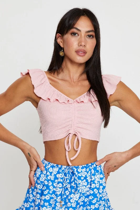 Pink Frill Detail Top Crop Popular Collection